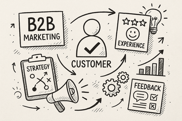 Professional illustration representing Creating a B2B Marketing Plan Focused on Customer Experience featuring elements rel...