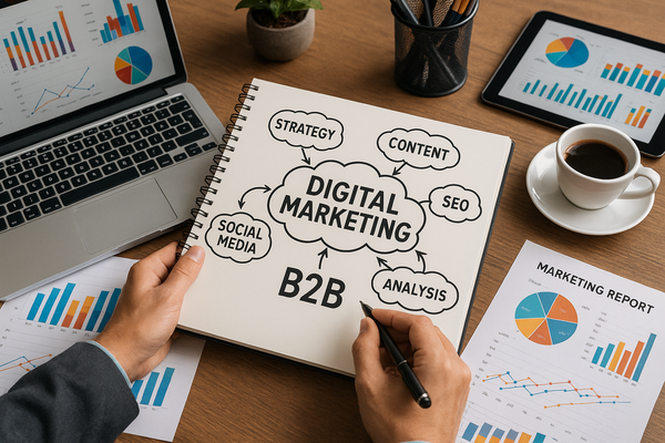 Professional illustration representing Developing a Comprehensive Digital Marketing Strategy for B2B featuring elements re...