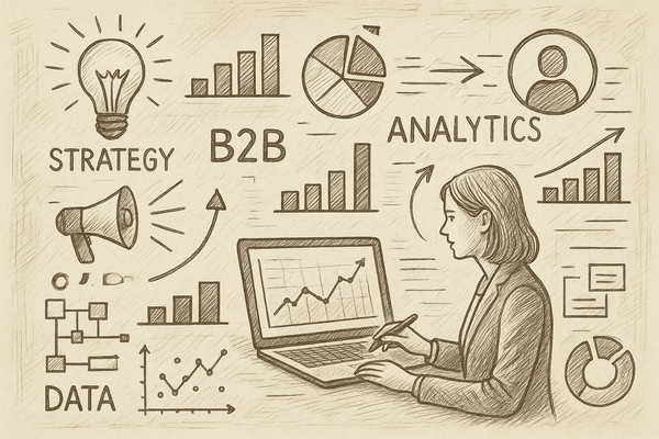 Professional illustration representing Creating Data-Driven B2B Marketing Strategies Using Analytics featuring elements re...