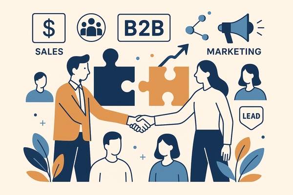 Professional illustration representing How to Align Sales and Marketing Teams in B2B featuring elements related to sales, ...