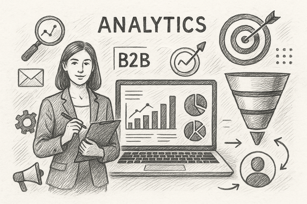 Professional illustration representing Leveraging Analytics for Continuous Improvement in B2B Marketing featuring elements...