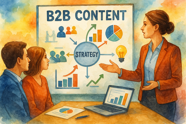 Professional illustration representing Creating a B2B Content Strategy That Drives Engagement and Leads featuring elements...