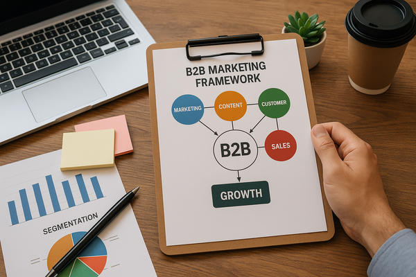 Professional illustration representing Creating a B2B Marketing Framework for Sustainable Growth featuring elements relate...