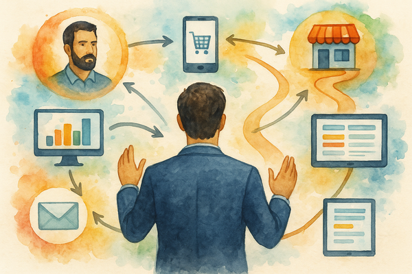 Professional illustration representing Creating an Omnichannel Experience for B2B Customers featuring elements related to ...