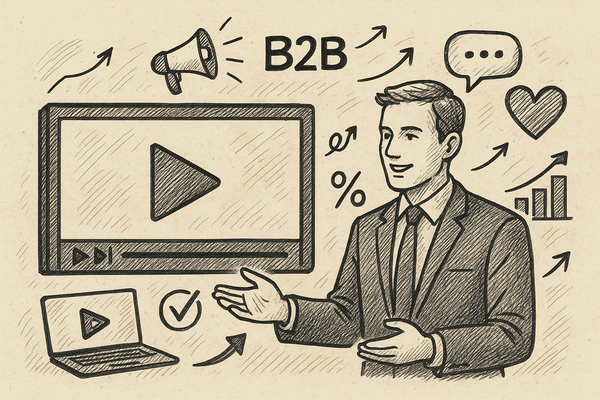 Professional illustration representing Utilizing Video Marketing for B2B Engagement featuring elements related to video, v...