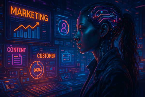 Professional illustration representing Harnessing the Power of AI in B2B Marketing Strategies featuring elements related t...