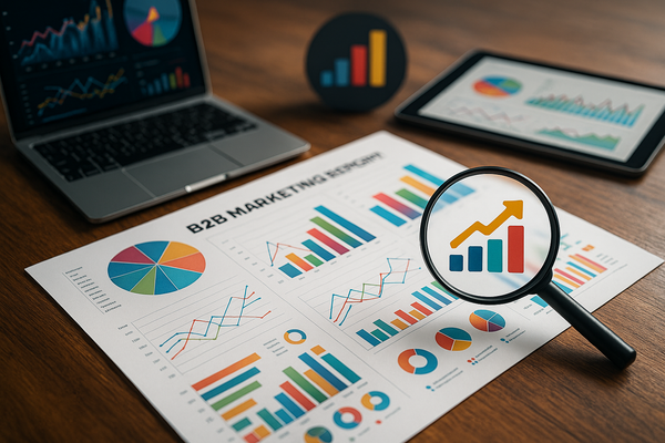 Professional illustration representing Utilizing Data Visualization in B2B Marketing Reports featuring elements related to...
