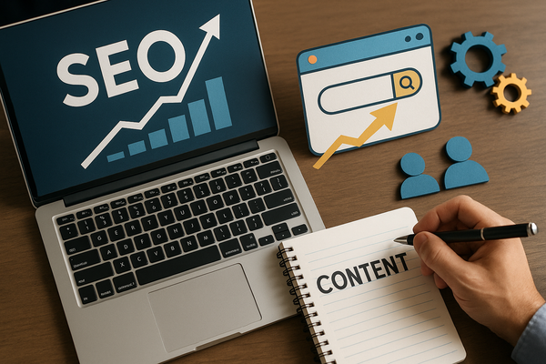 Professional illustration representing How to Optimize B2B Content for Search Engines featuring elements related to conten...