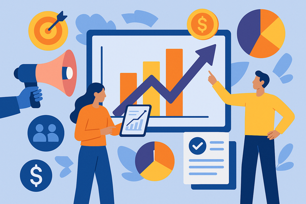 Professional illustration representing How to Measure the Effectiveness of B2B Marketing Campaigns featuring elements rela...