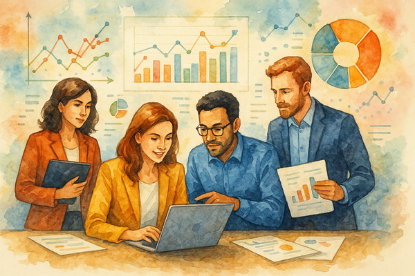 Professional illustration representing Maximizing B2B Marketing ROI Through Data Analytics featuring elements related to d...