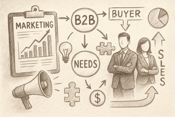 Professional illustration representing How to Create a B2B Marketing Strategy Focused on Buyer Needs featuring elements re...