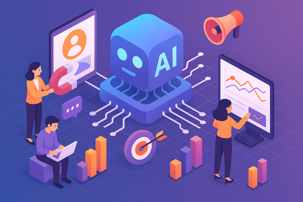 Professional illustration representing Using AI to Enhance B2B Marketing Campaigns featuring elements related to marketing...
