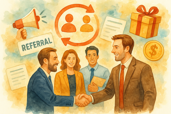 Professional illustration representing Implementing a B2B Referral Program for Increased Sales featuring elements related ...