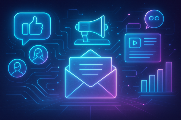 Professional illustration representing Integrating Social Media with B2B Email Marketing Campaigns featuring elements rela...