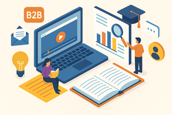 Professional illustration representing Creating a B2B Marketing Strategy Focused on Customer Education featuring elements ...