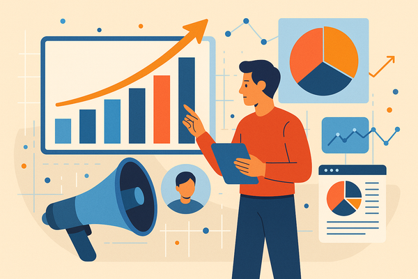 Professional illustration representing Creating a Data-Driven B2B Marketing Strategy featuring elements related to data, m...