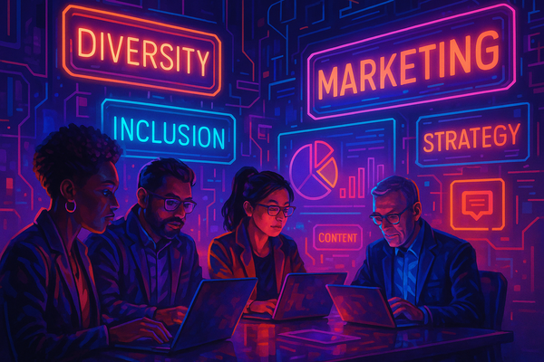 Professional illustration representing Creating a B2B Marketing Strategy Focused on Diversity and Inclusion featuring elem...