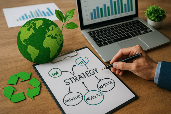 Professional illustration representing Creating a B2B Marketing Strategy for Sustainability Practices featuring elements r...