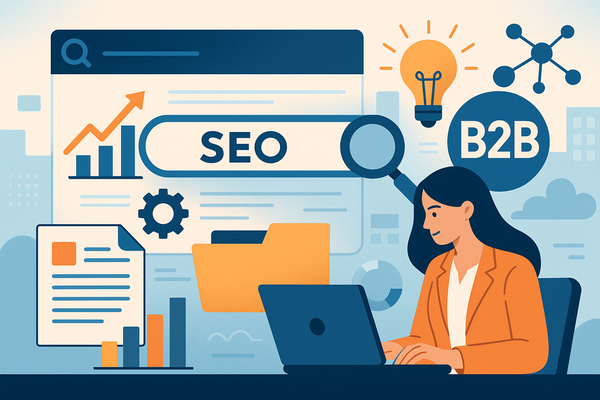 Professional illustration representing Developing a B2B Content Strategy Focused on SEO featuring elements related to seo,...