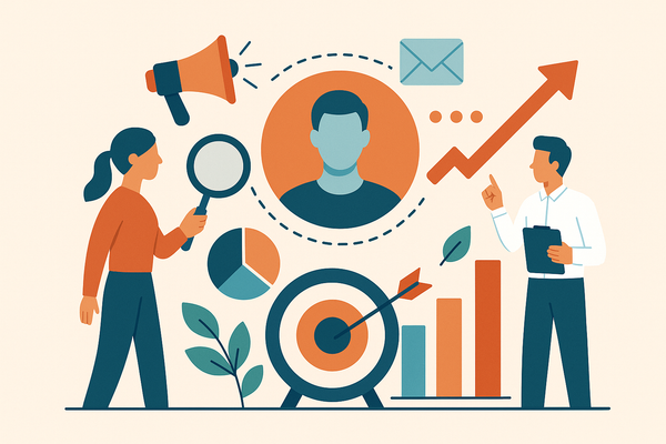 Professional illustration representing Developing a B2B Marketing Plan for Customer-Centric Growth featuring elements rela...