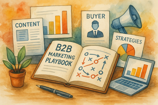 Professional illustration representing Building a Comprehensive B2B Marketing Playbook for Teams featuring elements relate...