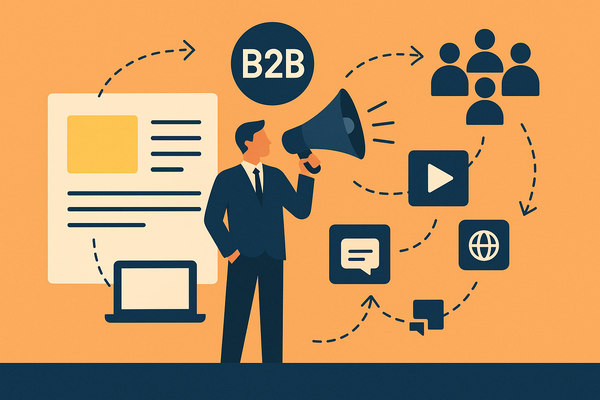 Professional illustration representing Best Practices for B2B Content Distribution in the Digital Age featuring elements r...