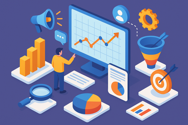 Professional illustration representing How to Measure and Improve Your B2B Marketing Performance featuring elements relate...