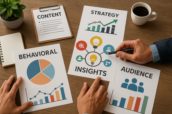 Professional illustration representing Utilizing Behavioral Insights for B2B Content Strategy Development featuring elemen...