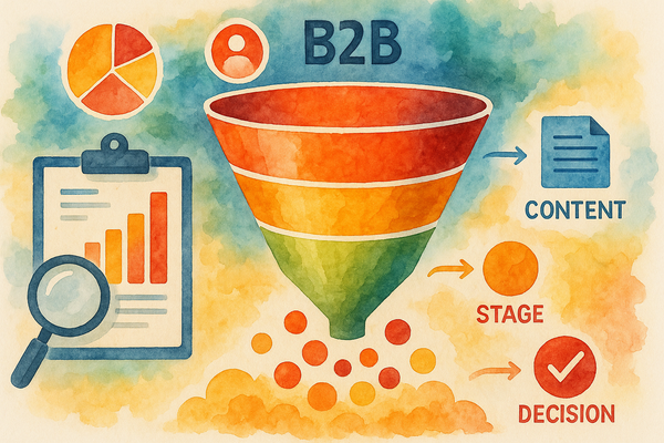 Professional illustration representing Building a B2B Marketing Funnel for Effective Lead Nurturing featuring elements rel...