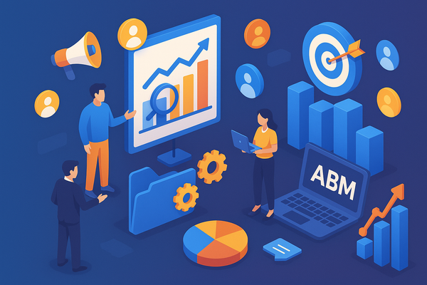 Professional illustration representing Creating a B2B Marketing Strategy Focused on Account-Based Marketing featuring elem...