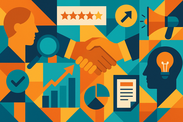 Professional illustration representing Creating a B2B Marketing Strategy for Enhanced Customer Experience featuring elemen...
