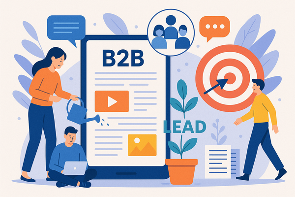 Professional illustration representing Creating Engaging B2B Content for Improved Lead Nurturing featuring elements relate...