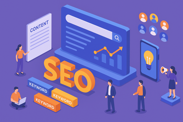Professional illustration representing How to Leverage SEO Best Practices in Your B2B Content Strategy featuring elements ...