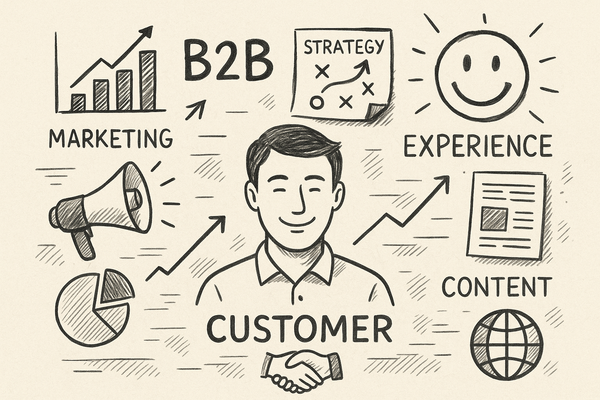 Professional illustration representing How to Create a B2B Marketing Strategy Focused on Customer Experience featuring ele...