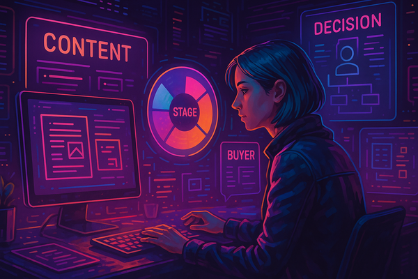 Professional illustration representing Creating Engaging B2B Content for Different Buyer Stages featuring elements related...