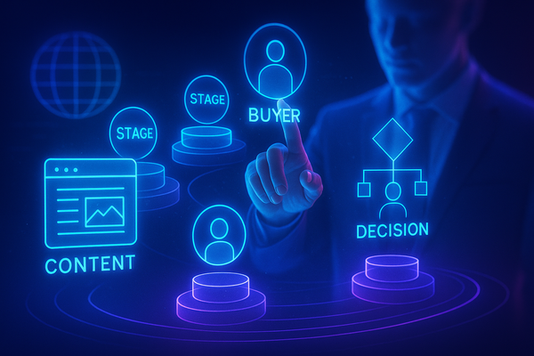 Professional illustration representing How to Create Engaging B2B Marketing Content for Different Buyer Stages featuring e...