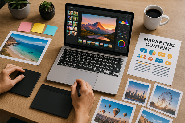 Professional illustration representing How to create better feature images for marketing content featuring elements relate...