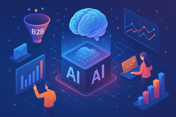 Professional illustration representing How to Use AI for Predictive Analytics in B2B Marketing featuring elements related ...