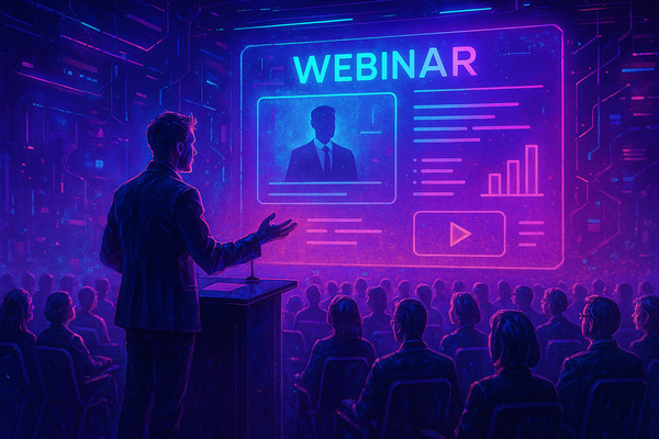 Professional illustration representing Crafting Compelling B2B Webinars for Lead Generation featuring elements related to ...