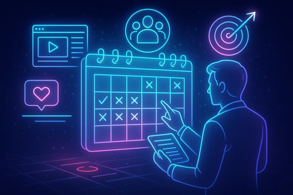 Professional illustration representing Creating a B2B Content Calendar for Consistent Engagement and Growth featuring elem...