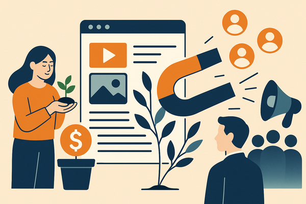 Professional illustration representing Strategies for Effective B2B Lead Nurturing Through Content Marketing featuring ele...