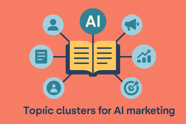 Professional illustration representing SEO topic clusters for AI marketing websites featuring elements related to topic, c...