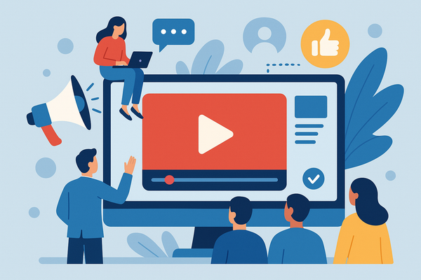 Professional illustration representing Utilizing Video Marketing to Enhance B2B Customer Engagement featuring elements rel...