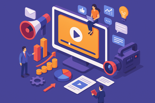 Professional illustration representing Utilizing Video Marketing for Enhanced B2B Customer Engagement featuring elements r...