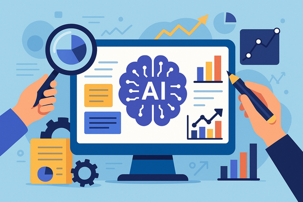 Professional illustration representing How to use AI for competitive content analysis featuring elements related to conten...
