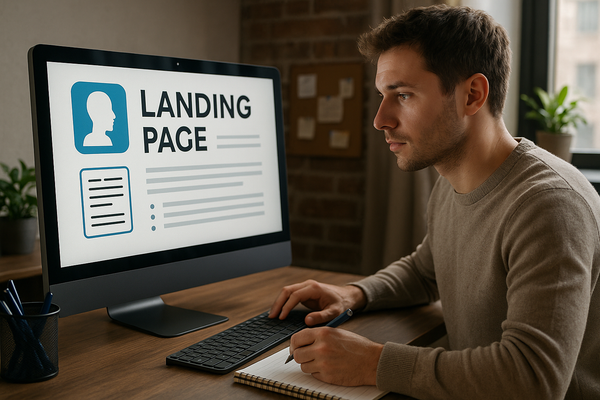 Professional illustration representing How to write landing page copy with AI and still sound human featuring elements rel...