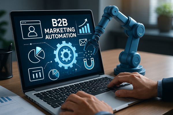 Professional illustration representing Optimizing Your B2B Marketing Automation for Better Conversion Rates featuring elem...