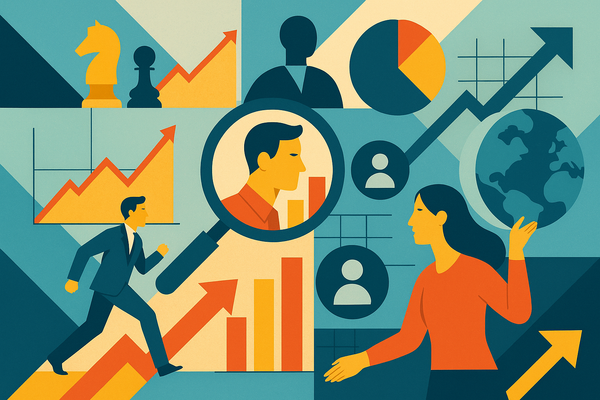 Professional illustration representing Best Practices for Conducting Competitive Analysis in B2B Marketing featuring eleme...