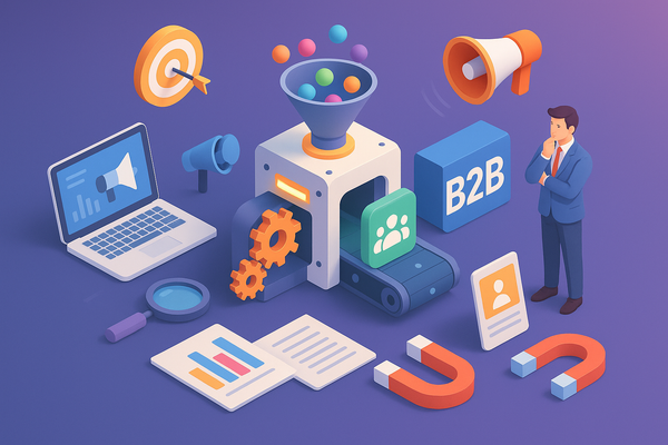 Professional illustration representing How to Optimize Your B2B Marketing Automation for Better ROI featuring elements rel...