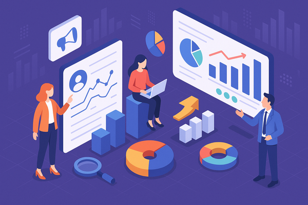 Professional illustration representing How to Leverage Data Analytics for Better B2B Marketing Outcomes featuring elements...